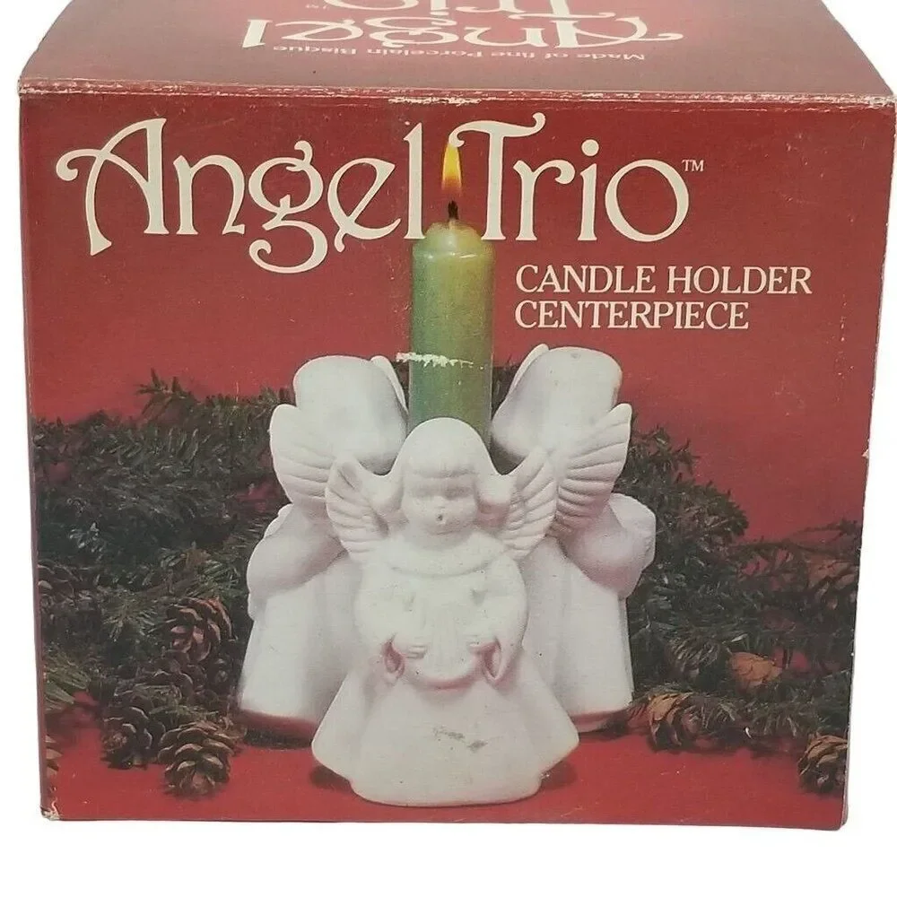 Vintage 90s Angel Trio Porcelain Bisque Candleholder Centerpiece New Holiday